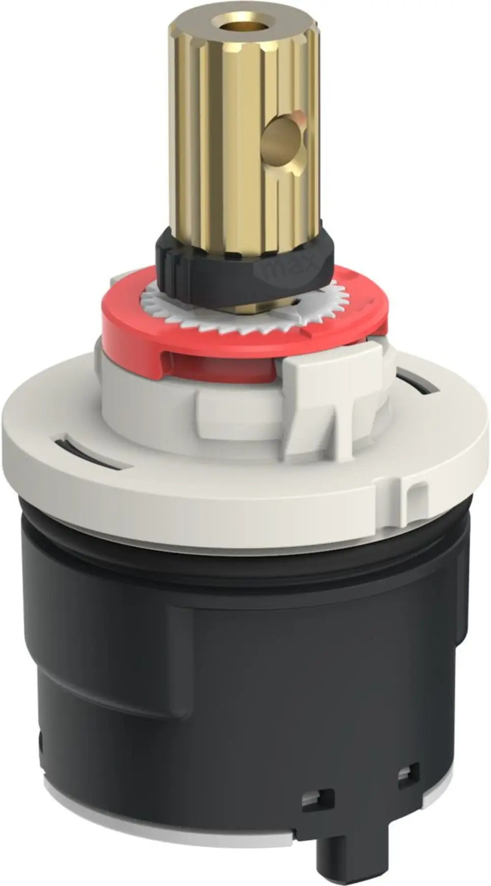 Kartusche von HANSA mit metallischem Oberteil und schwarzem Kunststoffkörper, geeignet für Wasseranschlüsse in Sanitäranlagen.